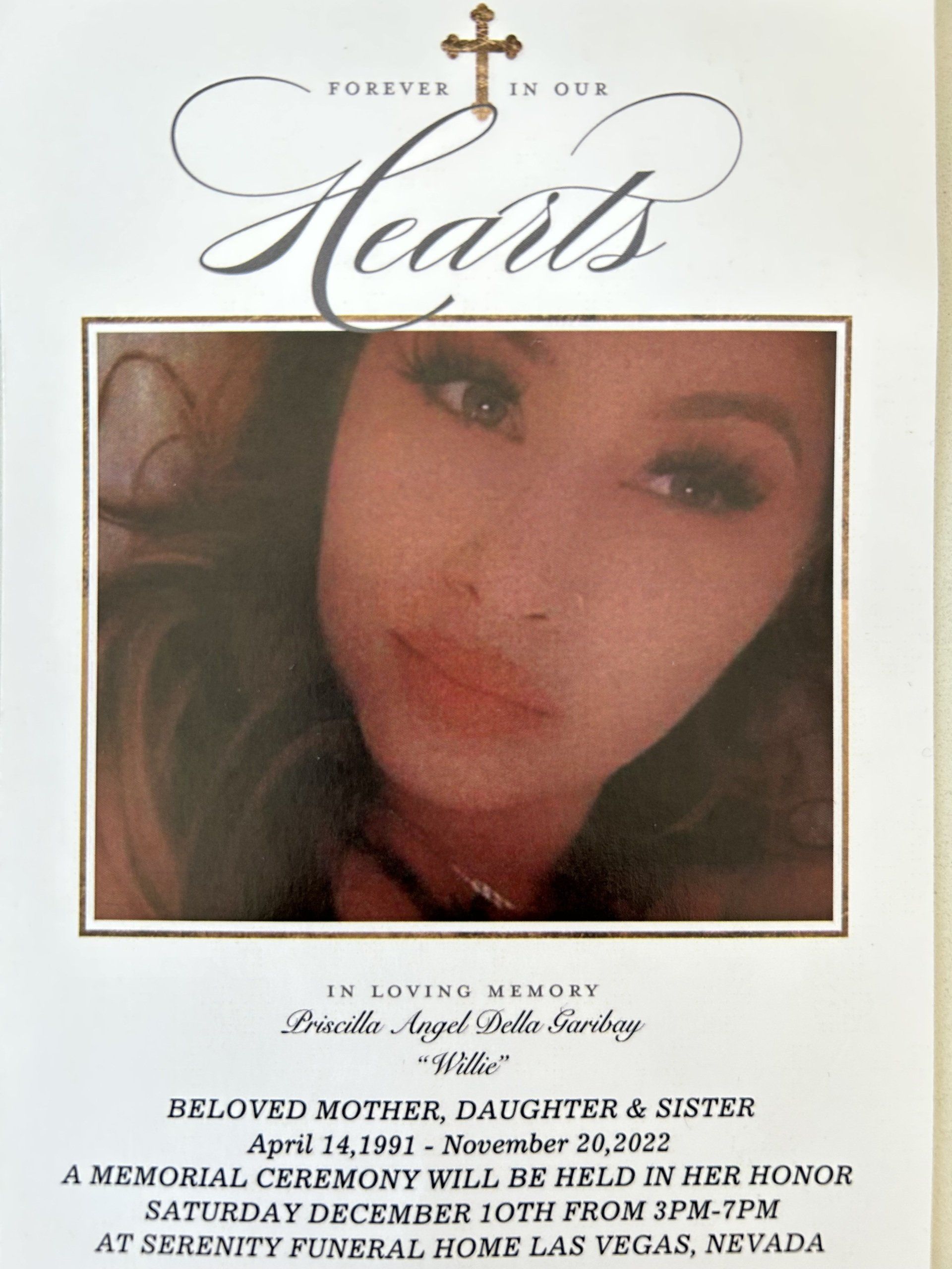 Memorial service program cover with a close-up portrait, white background, and decorative script reading “Hearts”