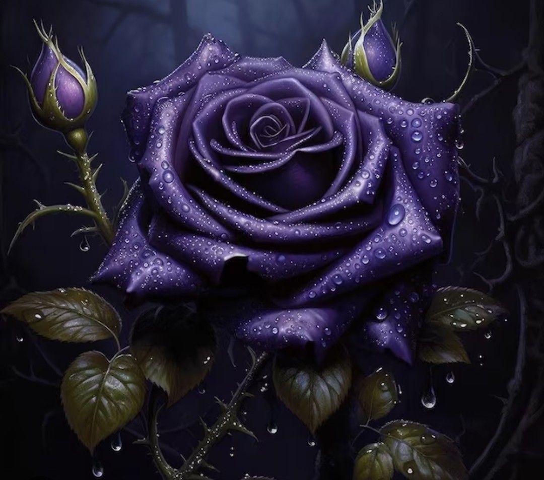 Purple rose with dew droplets and dark leaves on a black background