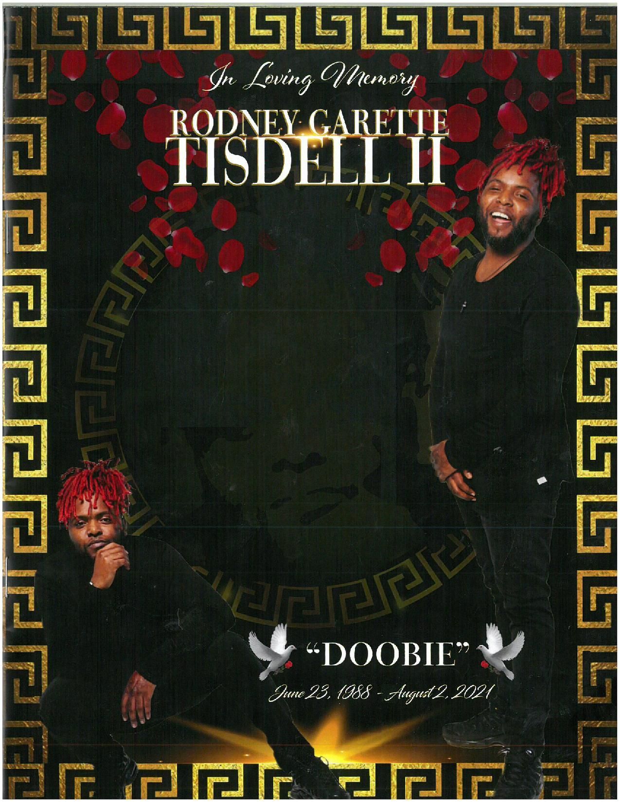 Album cover for Rodney Tisdell II’s “Doobie,” with a dark background and gold Greek-key border.