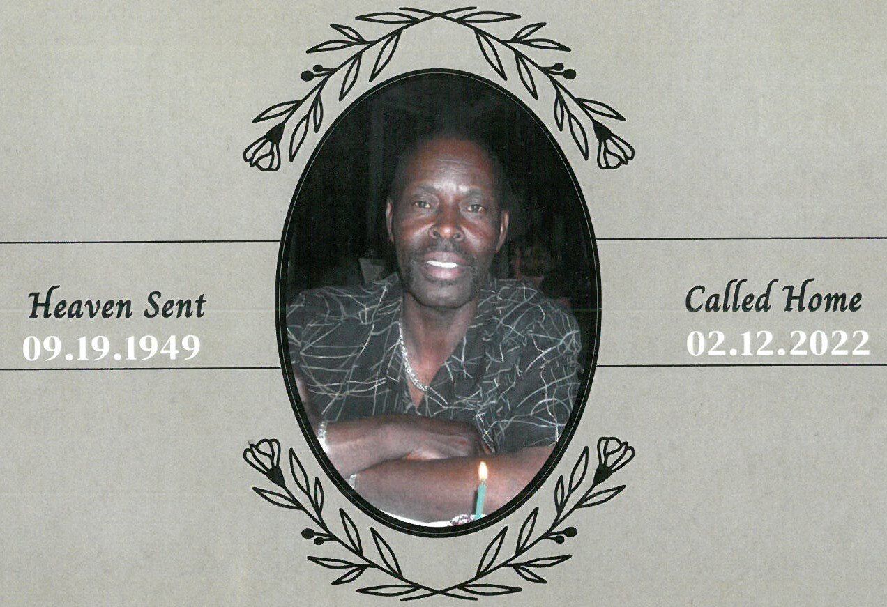 Memorial portrait with laurel wreath and dates, reading “Heaven Sent 09.19.1949” and “Called Home 02.12.2022”