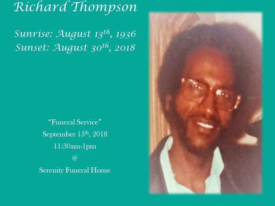 Memorial card for Richard Thompson with portrait, birth and sunset dates, and funeral service details on teal background