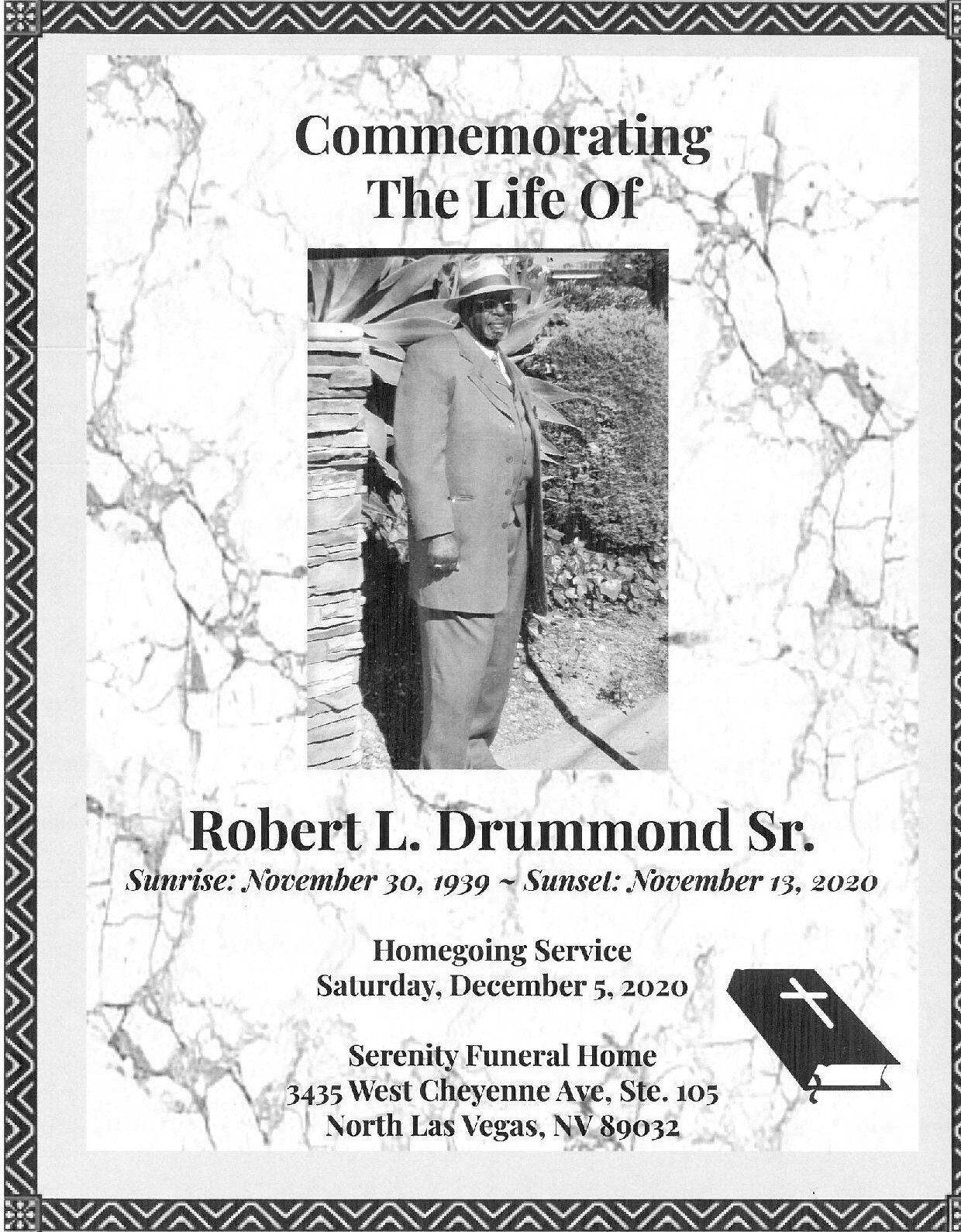 Memorial program cover reading “Commemorating the Life of Robert L. Drummond Sr.” with a black-and-white portrait