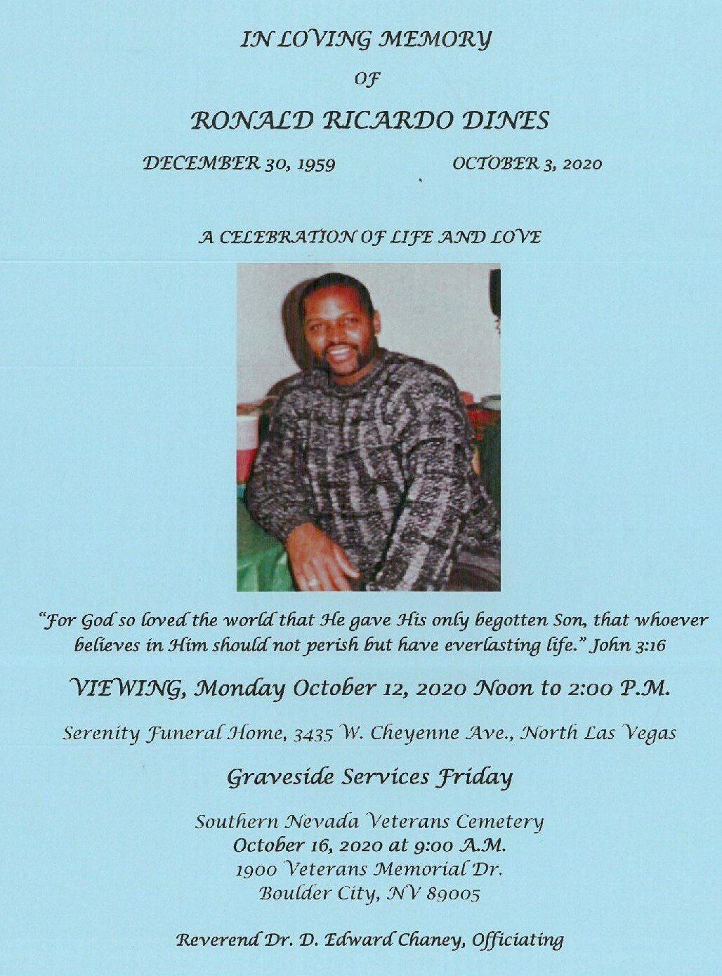 Memorial poster with a portrait photo and funeral service details on a light blue background