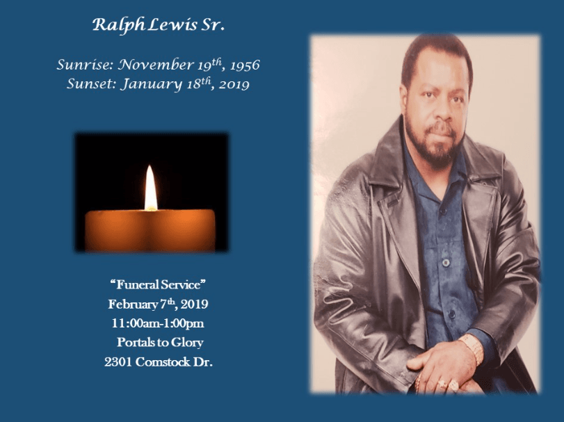 Memorial collage with candle and portrait for Ralph Lewis Sr., showing dates and service details.