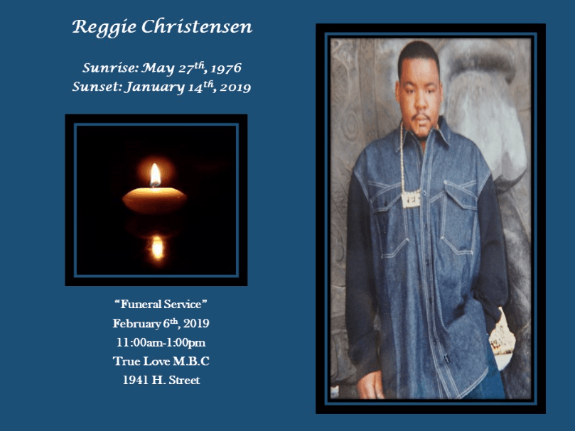 Memorial card with candle and portrait on blue background for Reggie Christensen, funeral details included