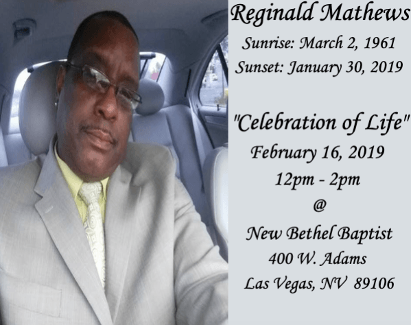 Memorial flyer for Reginald Mathews with portrait, service details, and New Bethel Baptist in Las Vegas, NV