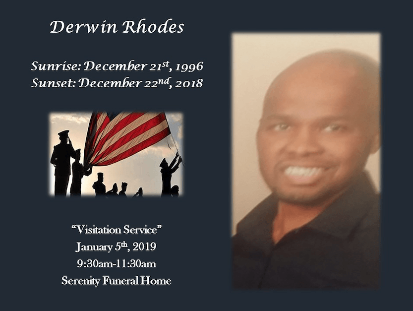 Memorial card for Derwin Rhodes with portrait, sunset flag scene, and funeral service details