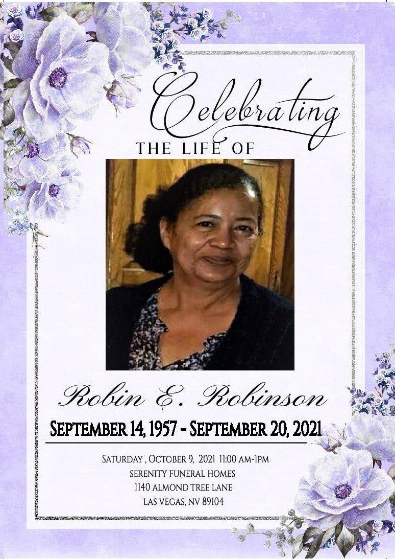Memorial flyer with a woman’s portrait, lavender flowers, and text celebrating the life of Robin E. Robinson.
