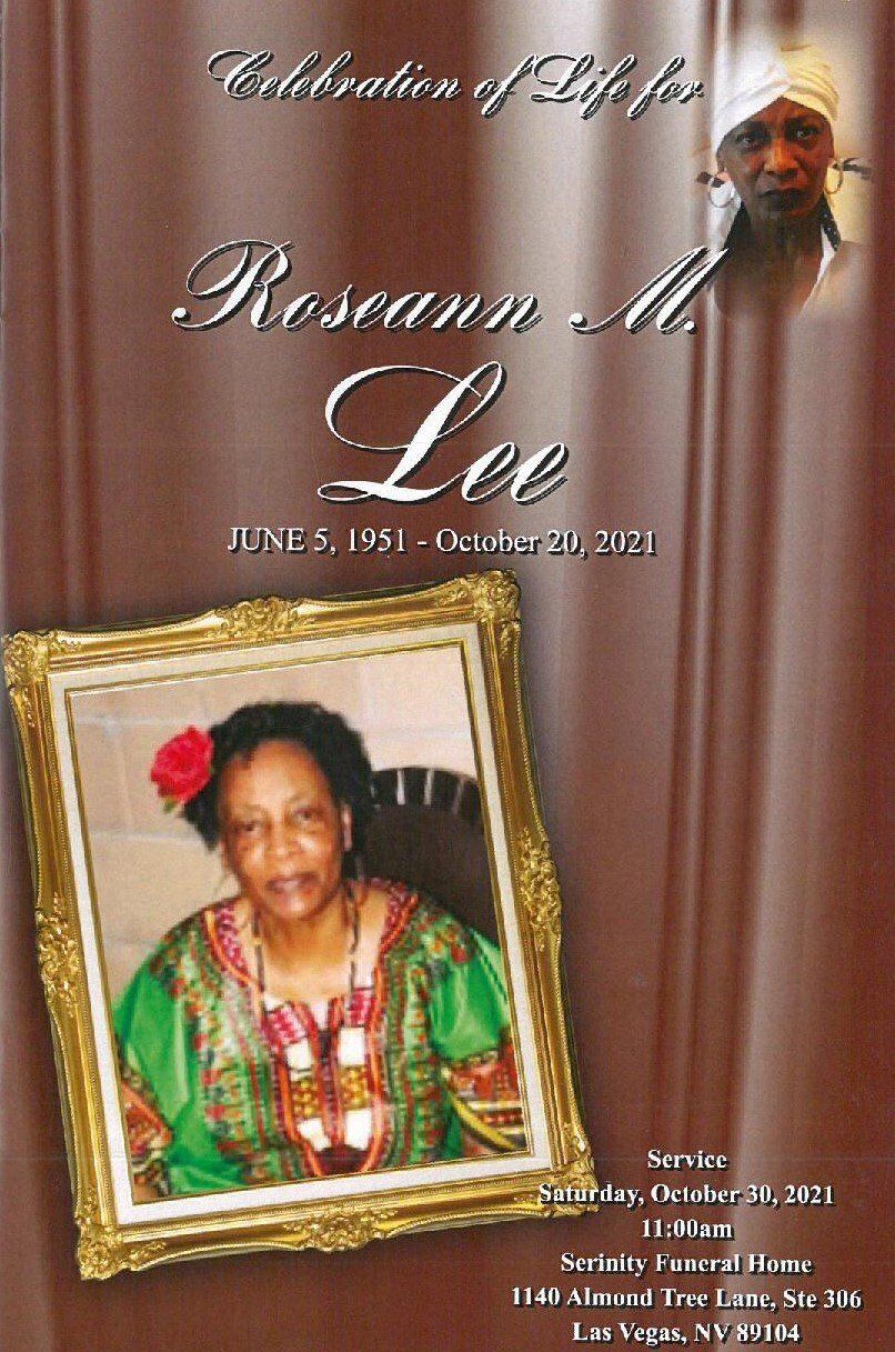 Memorial program cover with framed portrait, brown drapery, and text for Rosanna M. Lee