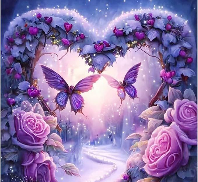 Purple butterflies in a glowing heart-shaped floral arch above a misty path with pink roses