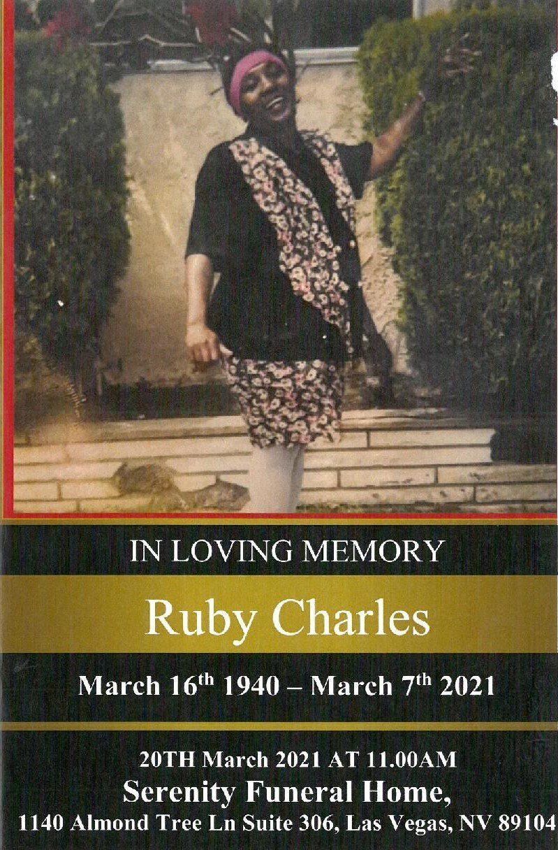 Memorial card for Ruby Charles with full-body portrait in black and floral print outdoors, dates and funeral details below