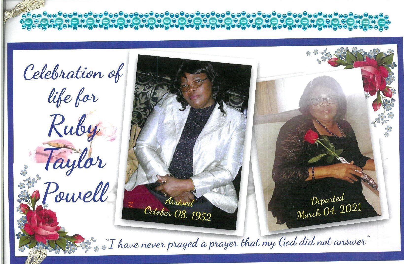 Collage celebrating Ruby Taylor Powell with two portrait photos and floral decorations
