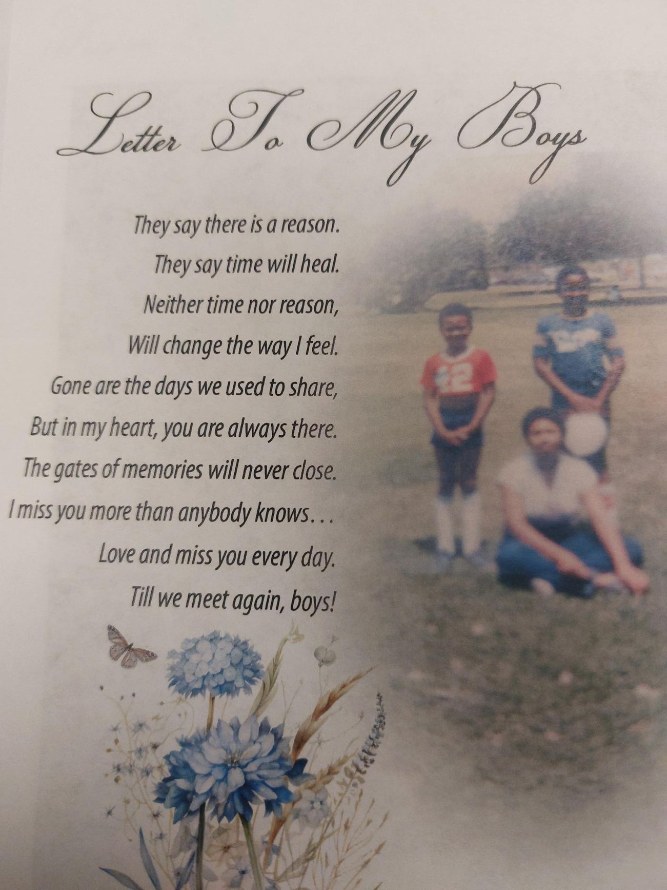 Poem titled “Letter To My Boys” beside a faded photo of two children in red and blue shirts outdoors.