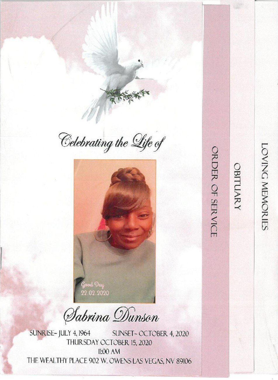 Memorial program cover with white dove, pink background, and a woman’s portrait