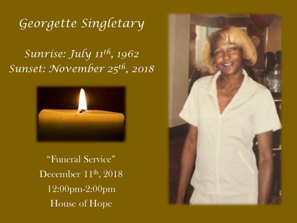 Memorial card with candle and smiling portrait; text for Georgette Singletary, sunrise July 4, 1962, sunset Nov. 29, 2018.