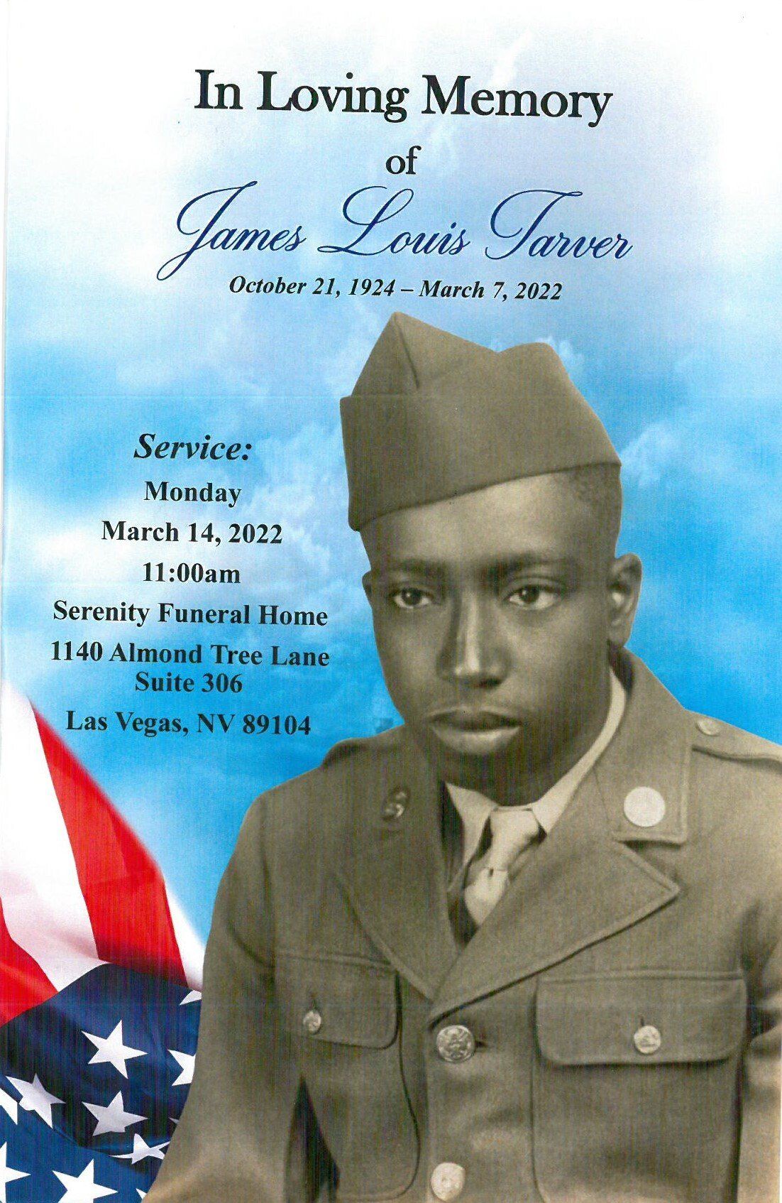 Memorial poster with portrait of a soldier in uniform against a sky and American flag background
