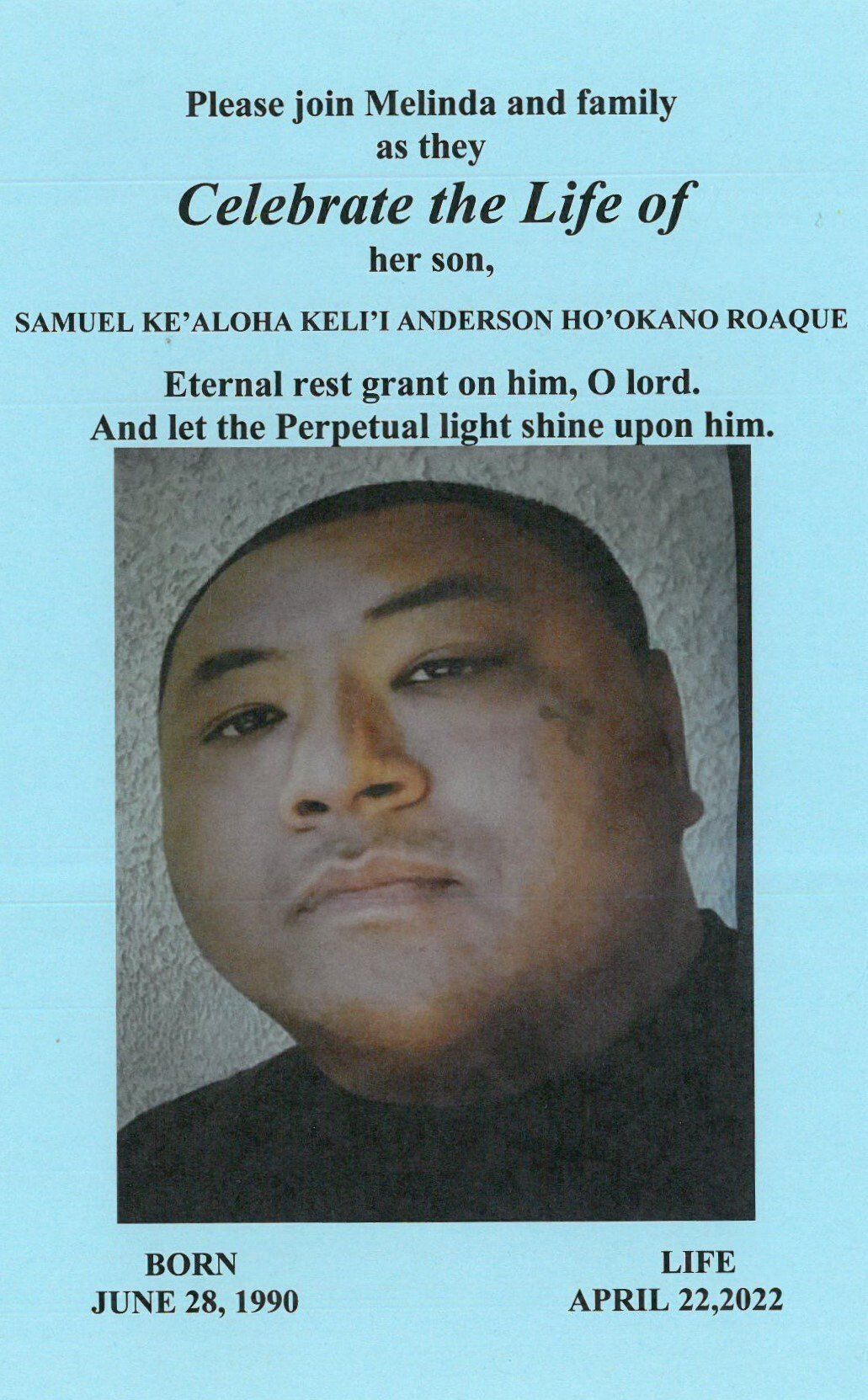 Memorial poster with a portrait photo and text honoring Samuel E. Kalona, 1990–2019.
