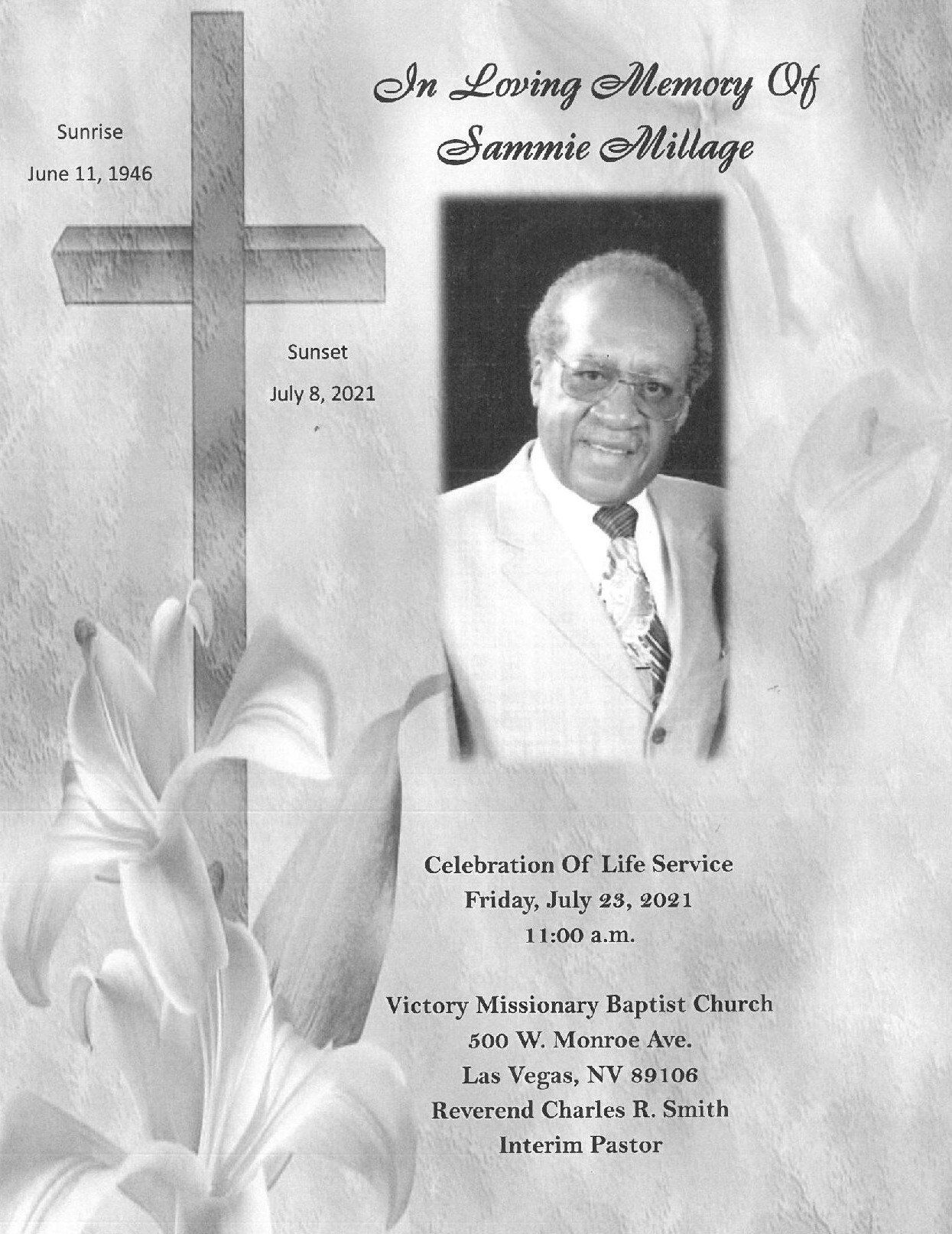 Memorial program cover with portrait, cross, and lilies; text reads “In Loving Memory Of” and “Celebration of Life”