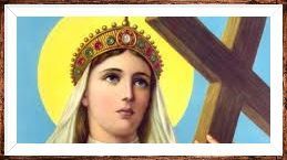 Religious icon of a crowned figure in a white veil with a halo beside a wooden cross