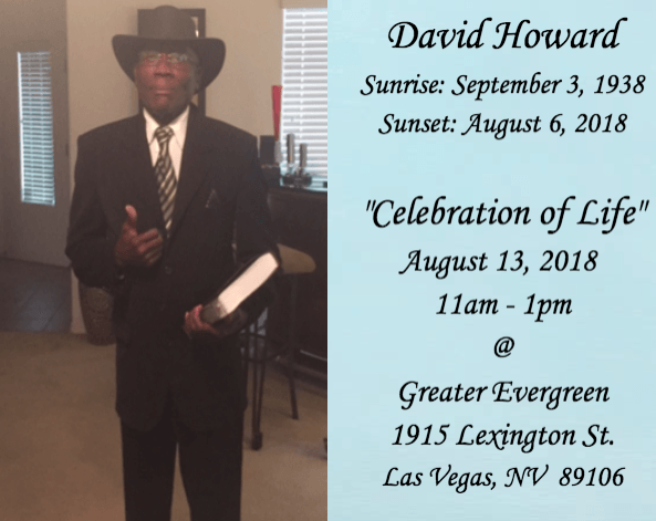Memorial flyer with man in black suit and cowboy hat; text for David Howard, Celebration of Life, Las Vegas location
