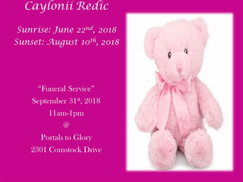 Pink teddy bear memorial card with service details and the name Caylonii Reddic