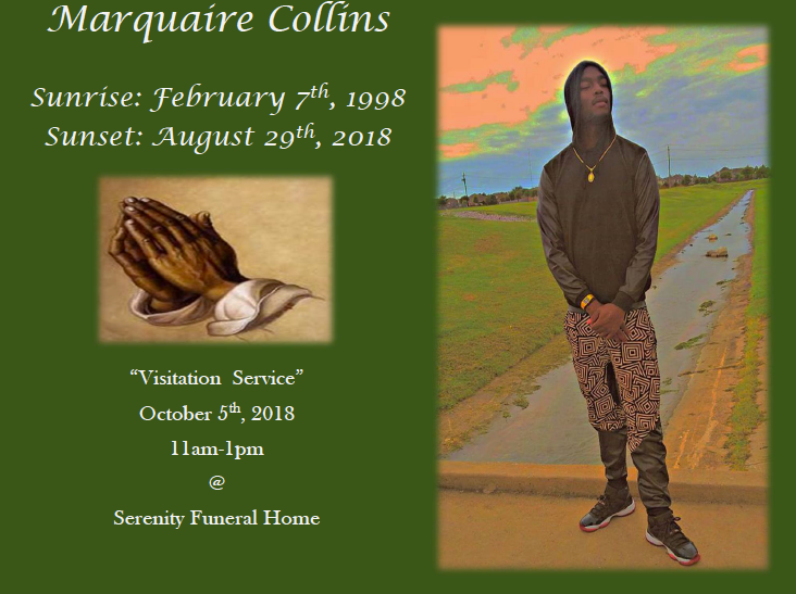 Memorial collage with portrait, boots, and a sunset road scene for Marquaire Collins, dates listed.