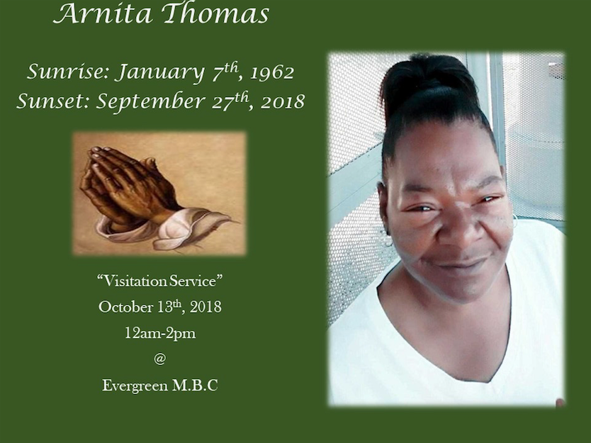Memorial card with two photos on a green background and text for Arnita Thomas, sunset September 27, 2018