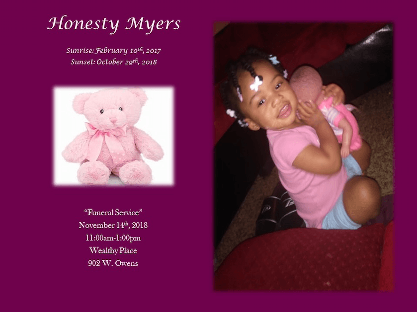 Pink memorial collage with a teddy bear and a smiling child on a red couch