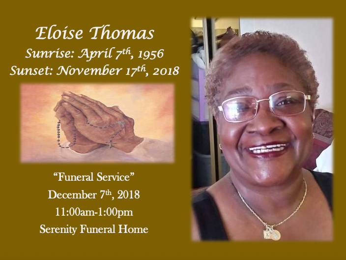 Funeral program for Eloise Thomas, with portrait, praying hands, and service details on a gold background