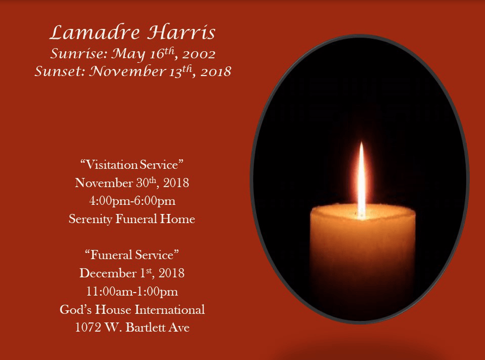 Memorial candle on black oval with funeral service details on red background