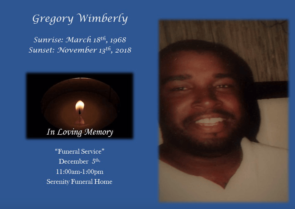 Memorial card with portrait and candle, blue background, for Gregory Wimbery with birth and death dates