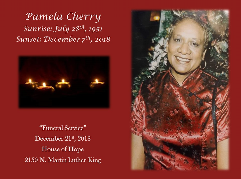 Memorial collage for Pamela Cherry with portrait, candlelight, and service details on a red background