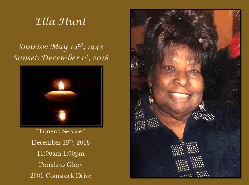Memorial card for Ella Hunt with portrait, candle, and service details on a brown background