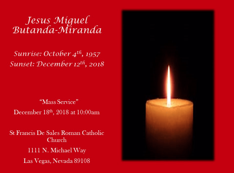 Memorial candlelight service announcement with candle and text for Jesus Miguel Batanda-Miranda