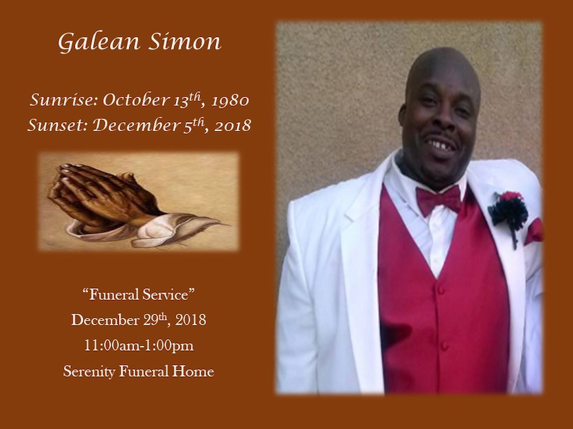 Memorial tribute for Galean Simor with portrait, dates, and funeral service details on a brown background