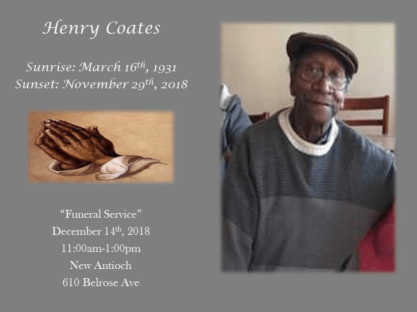 Memorial card for Henry Coates with portrait, praying hands, and service details on gray background
