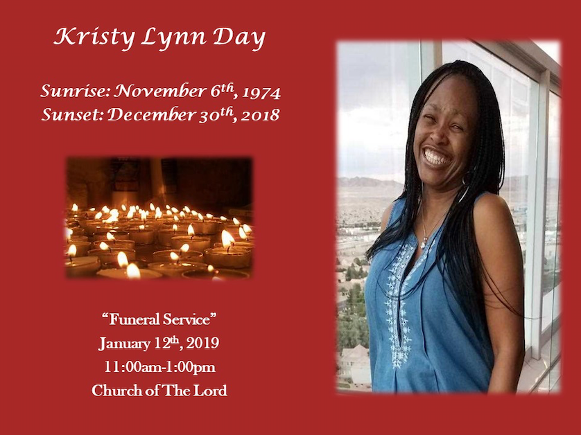Memorial card for Kristy Lynn Day with photo, candles, and dates on a red background