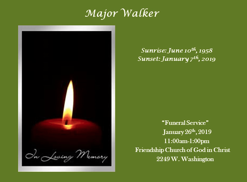 Memorial card with candle, titled “Major Walker,” on olive green background with service details and dates