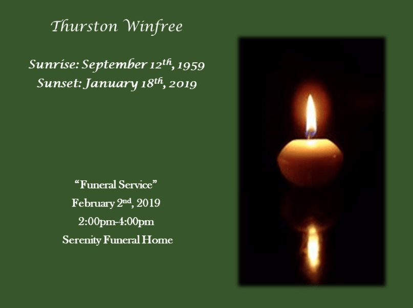 Memorial card with candle, reading Thurston Winfree, sunrise September 12, 1959, sunset January 18, 2019.