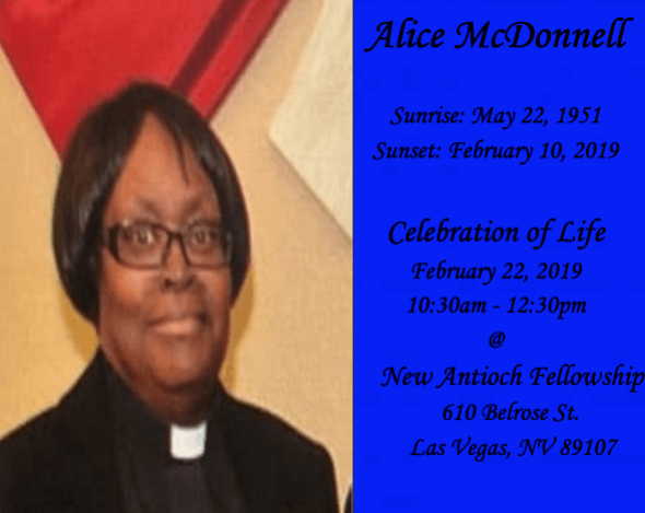 Portrait of Alice McDonnell beside memorial details on a blue background, with red drapery and church collar￼