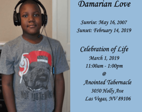 Memorial program for Damarian Love with photo and service details at Anointed Tabernacle, Las Vegas.