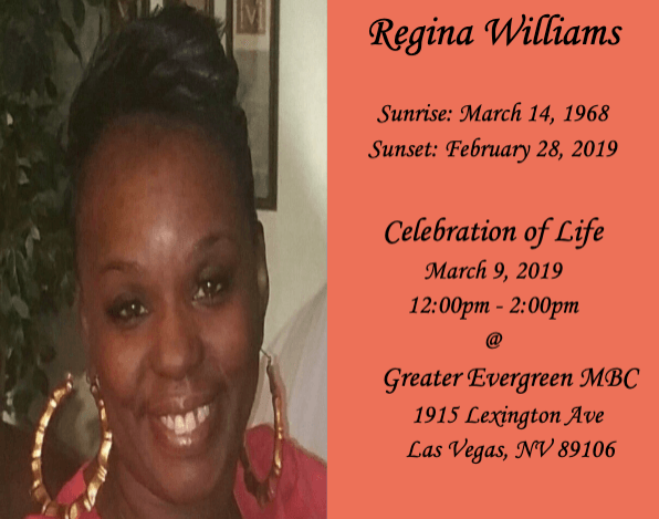 Memorial program for Regina Williams with smiling portrait and service details on coral background