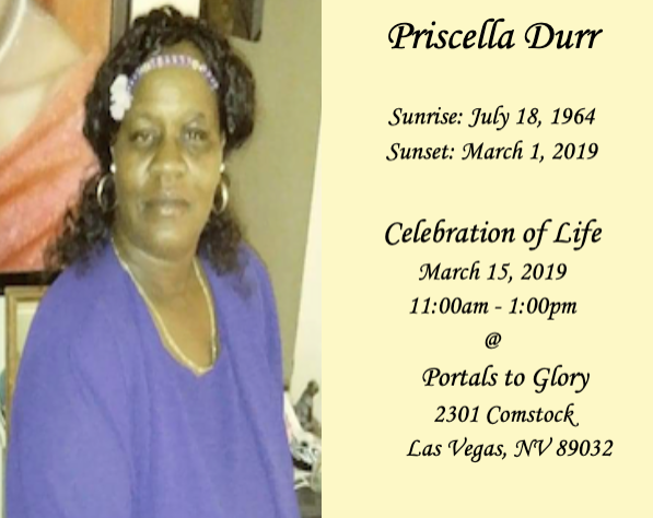 Memorial card for Priscella Durr with portrait, sunset dates, and Celebration of Life details.