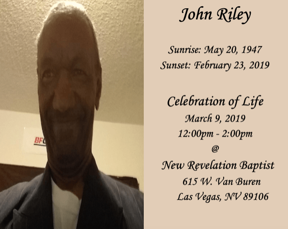 Memorial program for John Riley with portrait and service details at New Revelation Baptist Church, Las Vegas