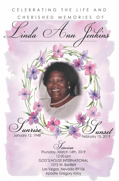 Memorial flyer with floral wreath and portrait, honoring Linda Ann Jenkins with sunrise and sunset dates.