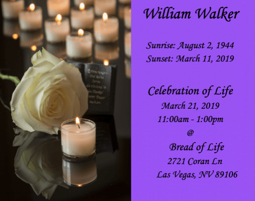 Memorial card with white rose, candles, and service details for William Walker at Bread of Life, Las Vegas