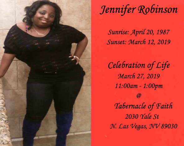 Memorial flyer with portrait, red background, and service details for Jennifer Robinson on March 27, 2019
