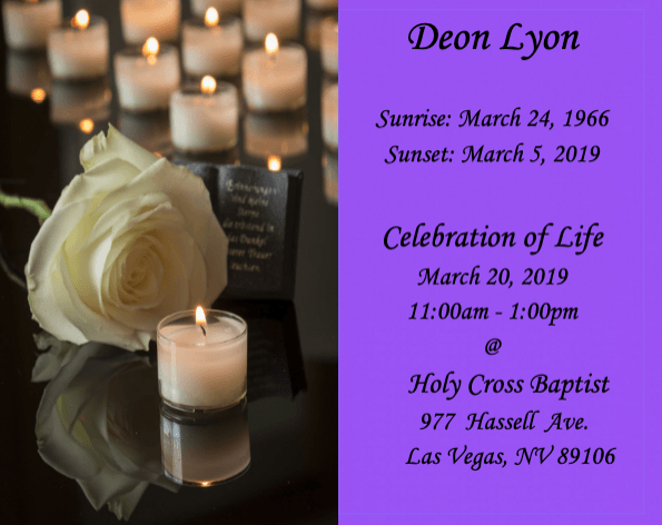 Purple memorial card with white rose and candles for Deon Lyon’s Celebration of Life, March 20, 2019.