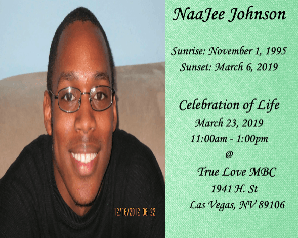 Portrait with memorial text: NaaJee Johnson, sunset and celebration of life details.