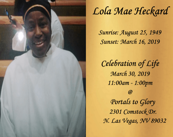 Memorial card with smiling woman in white robe and tribute text for Lola Mae Heckard.